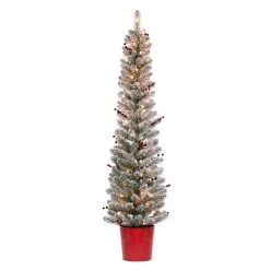 Cheapest ✨ Haute Decor 5ft. Pre-Lit Flocked Berry Artificial 🎅 Christmas Tree with Red Pot, Clear Lights ✨