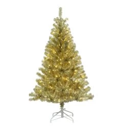 Budget 🌟 7.5ft. Pre-Lit Champagne Gold Tinsel Artificial 🎅 Christmas Tree, Warm White LED Lights by Haute Decor ⭐